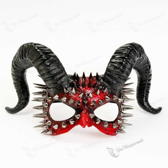 Red Face Steampunk Demon Silver Spikes with Black Horns Halloween Masquerade - Picture 1 of 3